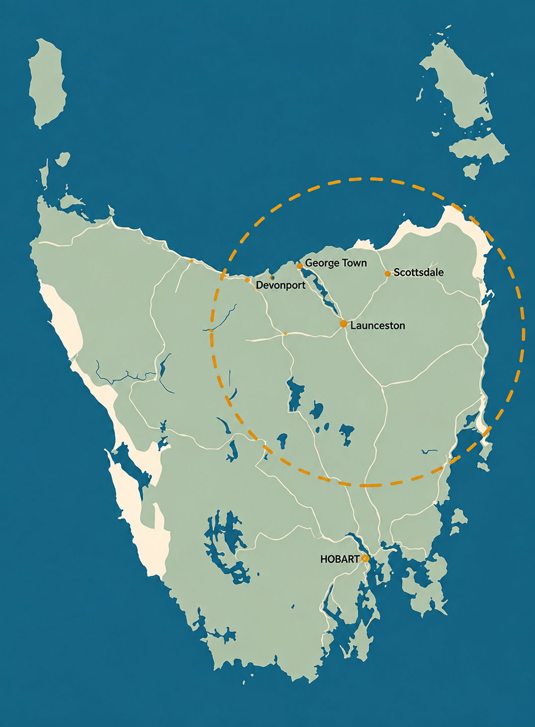 Map of Northern Tasmania showing the Evolve Locksmithing service area around Launceston, Devonport, George Town and Scottsdale